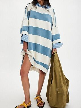 Free People Out Here Oversized Striped Maxi
Sweatshirt - Blue and White - NWT